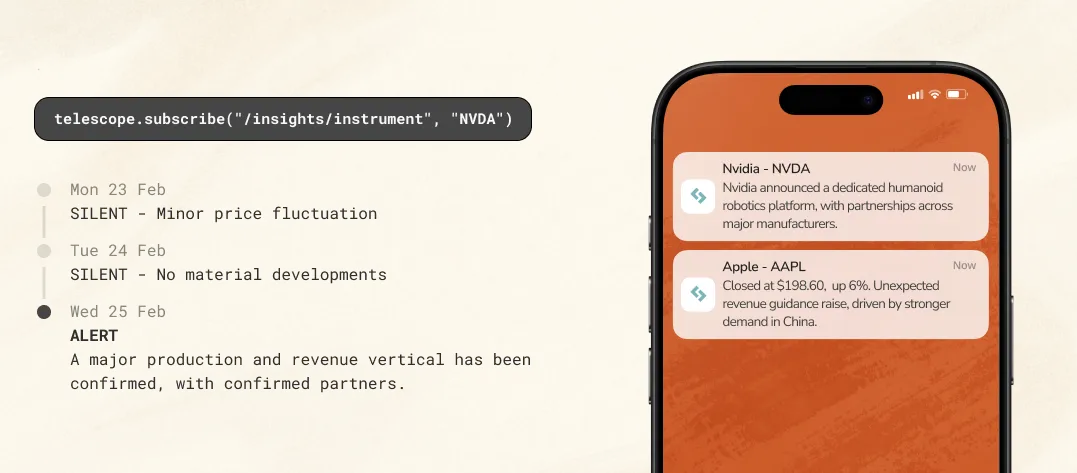 Instrument-level ambient alert triggered by a material earnings surprise, with dominant driver and post-release price reaction