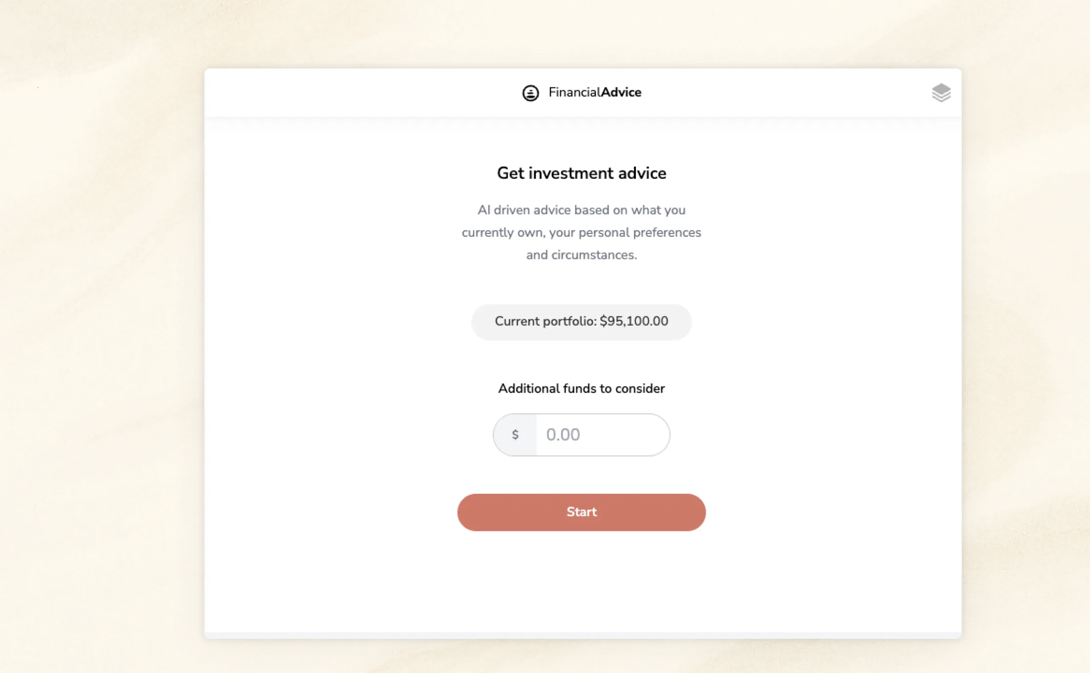 Get investment advice landing page demo (welcome screen)