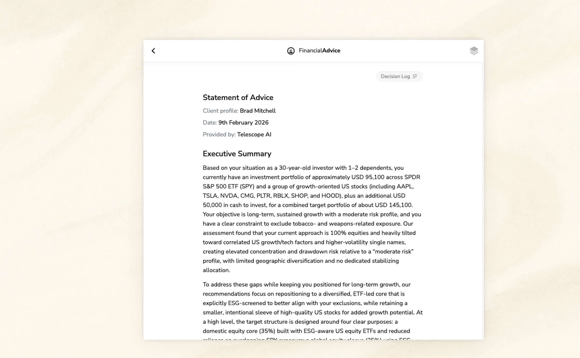 Statement of advice output