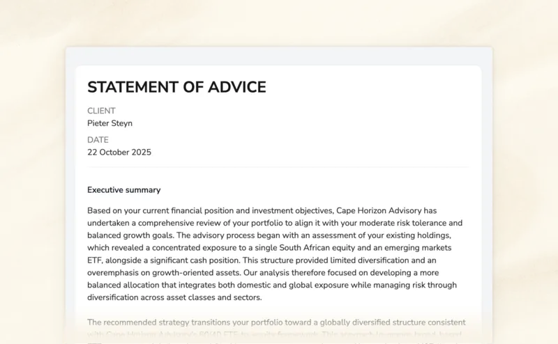 Statement of advice generated for the client