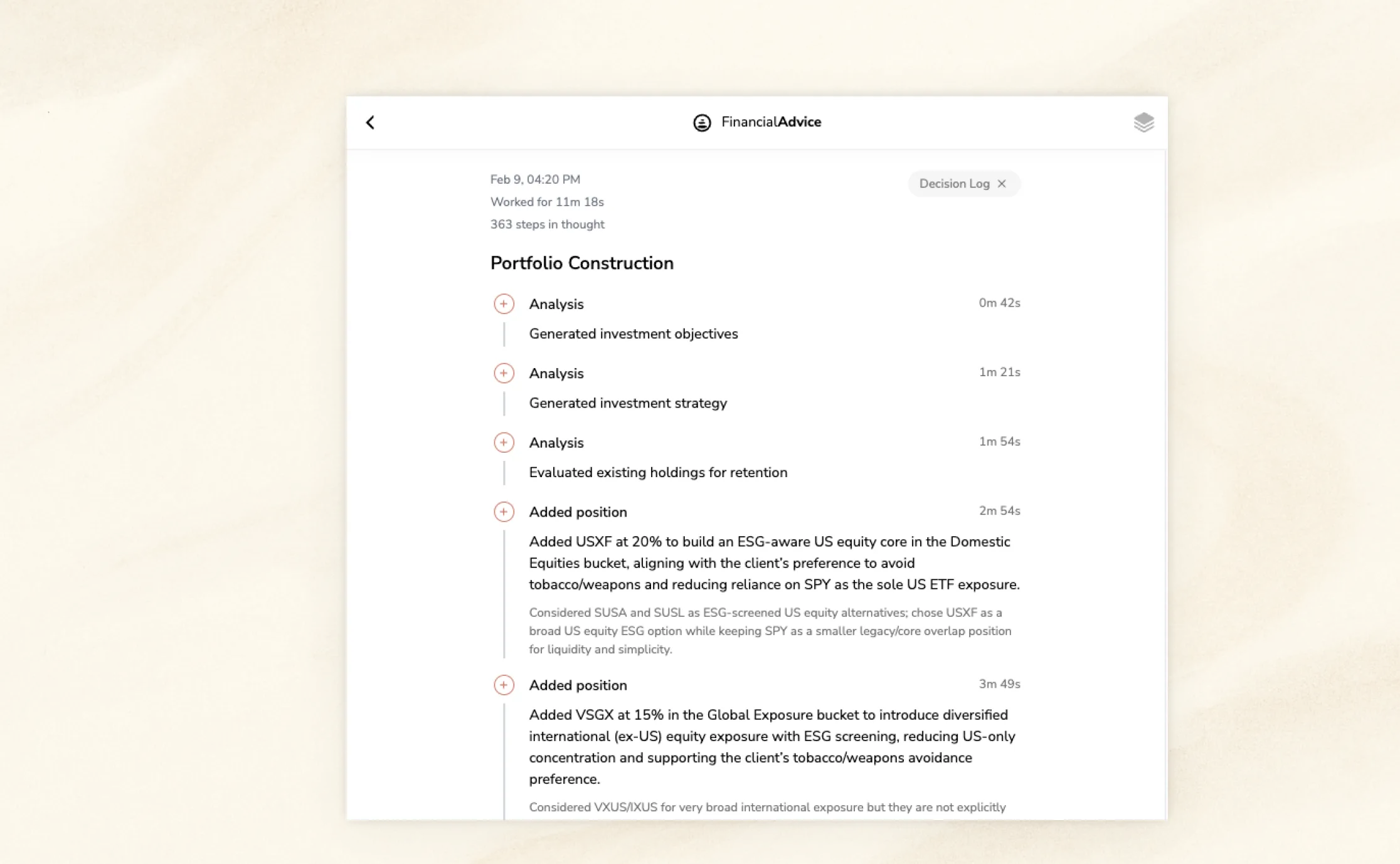 Decisions log with instrument-level rationale