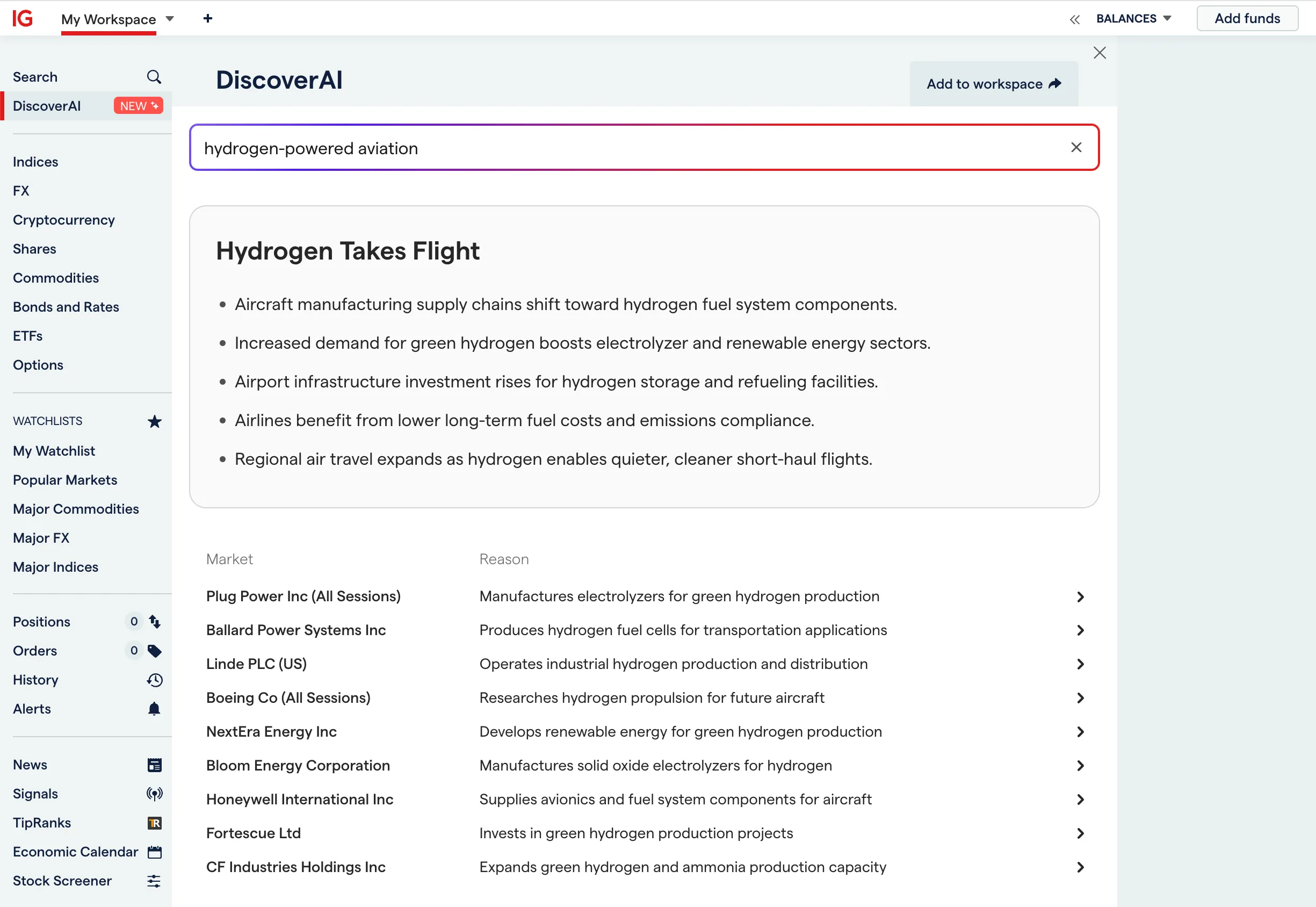 DiscoverAI displaying results for "hydrogen powered aviation" market themes.