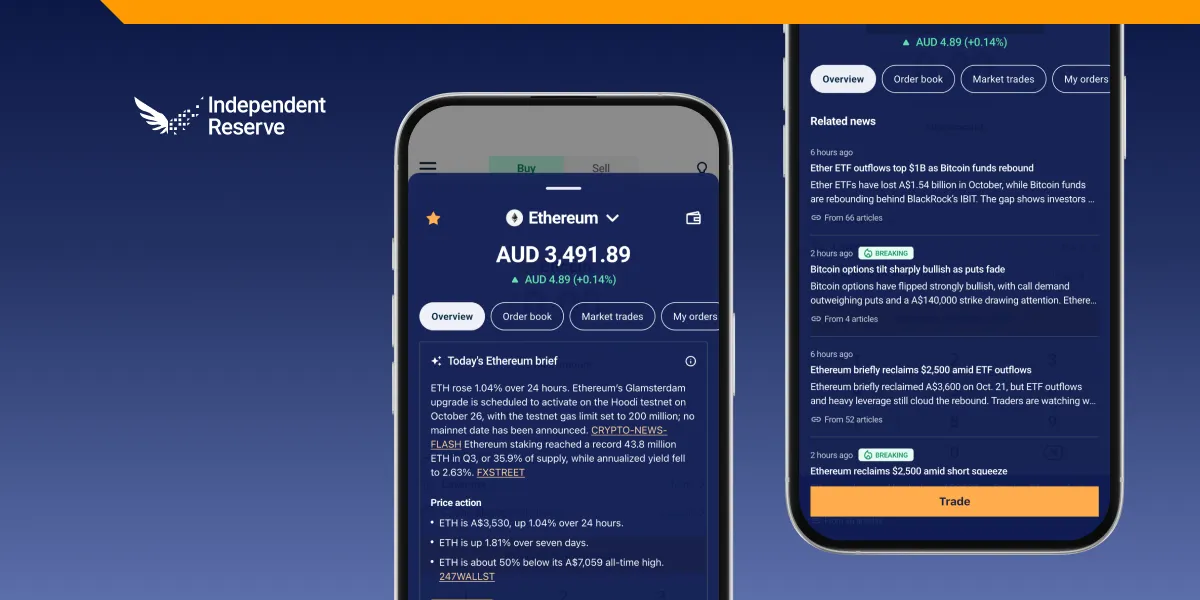 AI insights in the Independent Reserve app: the daily Ethereum brief under the price, with price action and related news