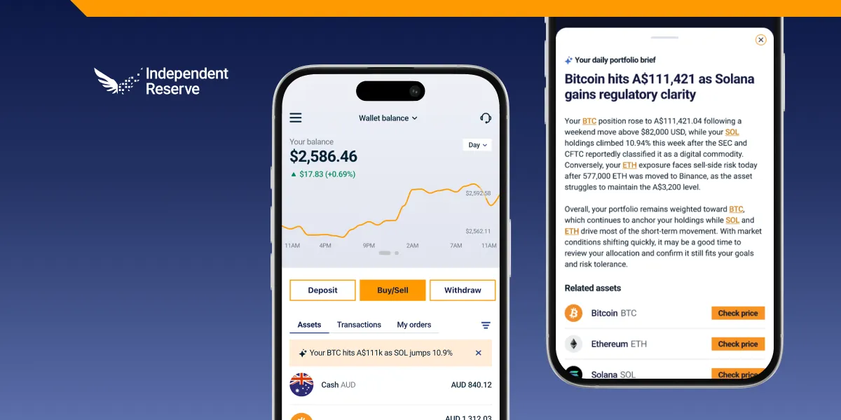 Portfolio insights in the Independent Reserve app: the card in the wallet and the daily portfolio brief it opens