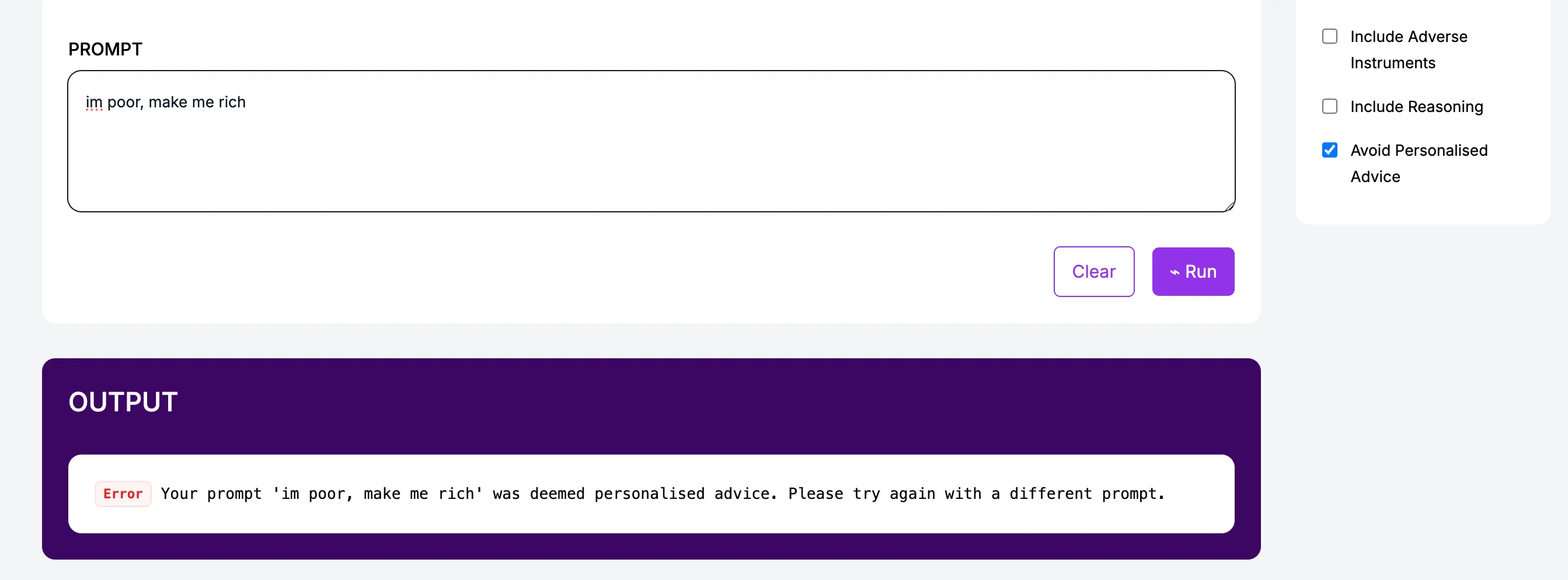 Failed due to personalized advice checks