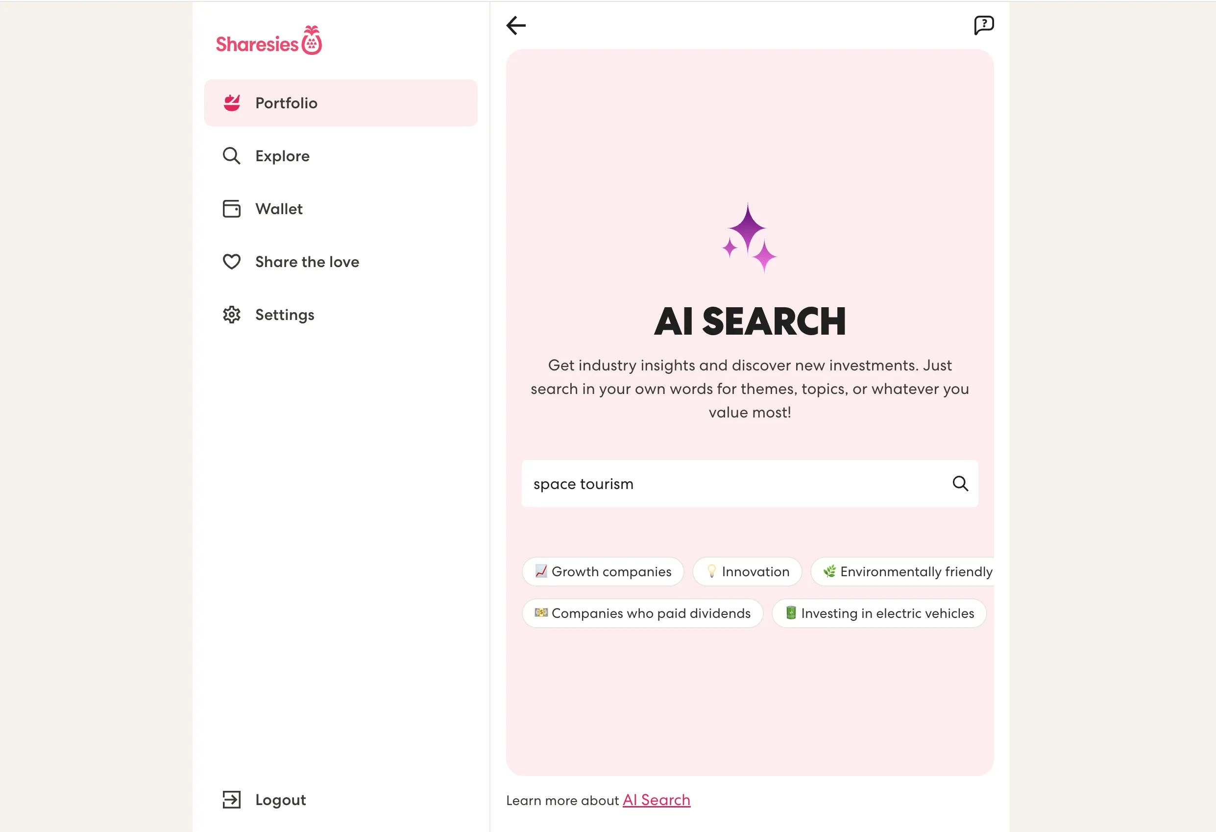 AI Search running a "space tourism" search on the Sharesies platform.