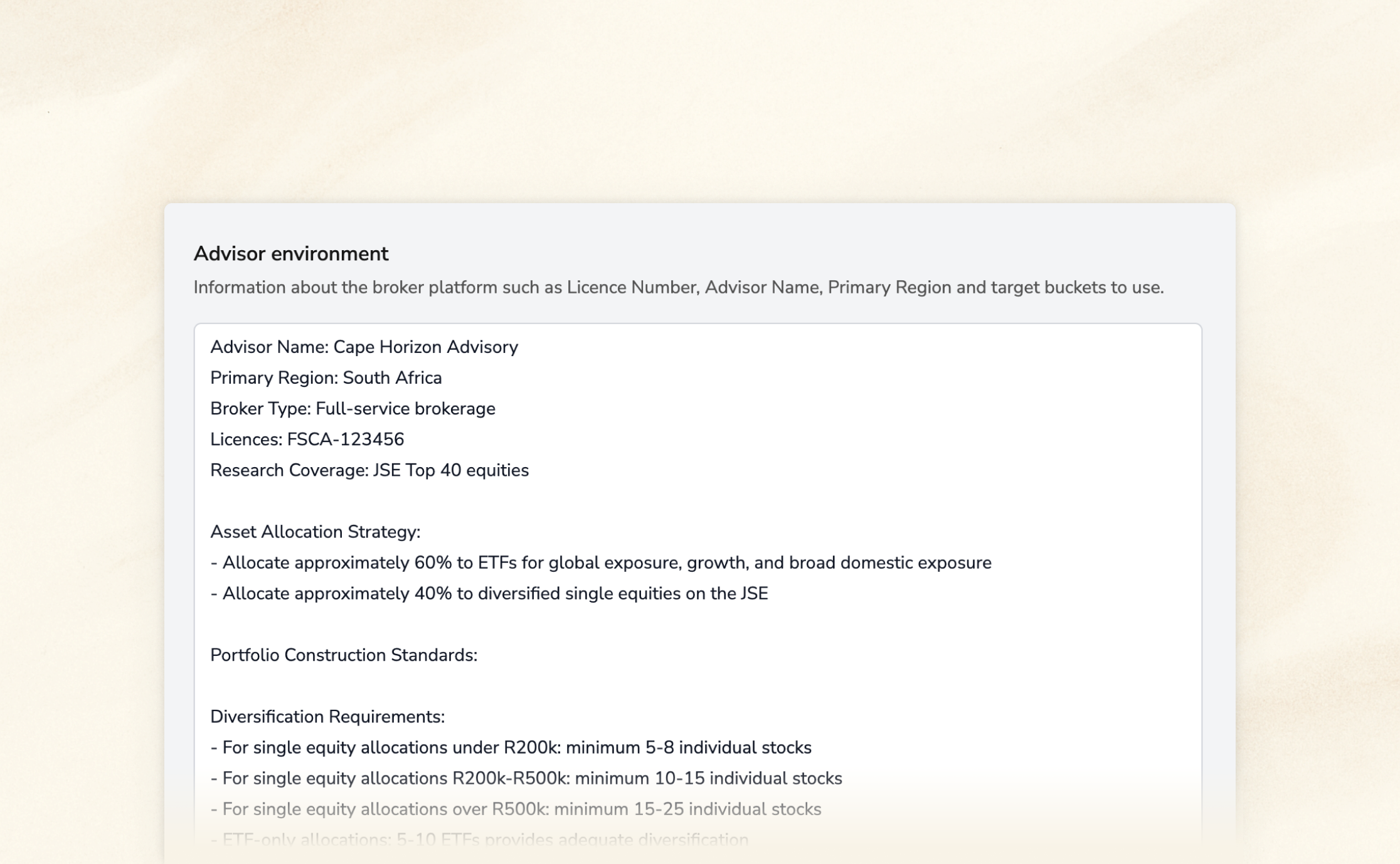 Advisor environment configuration