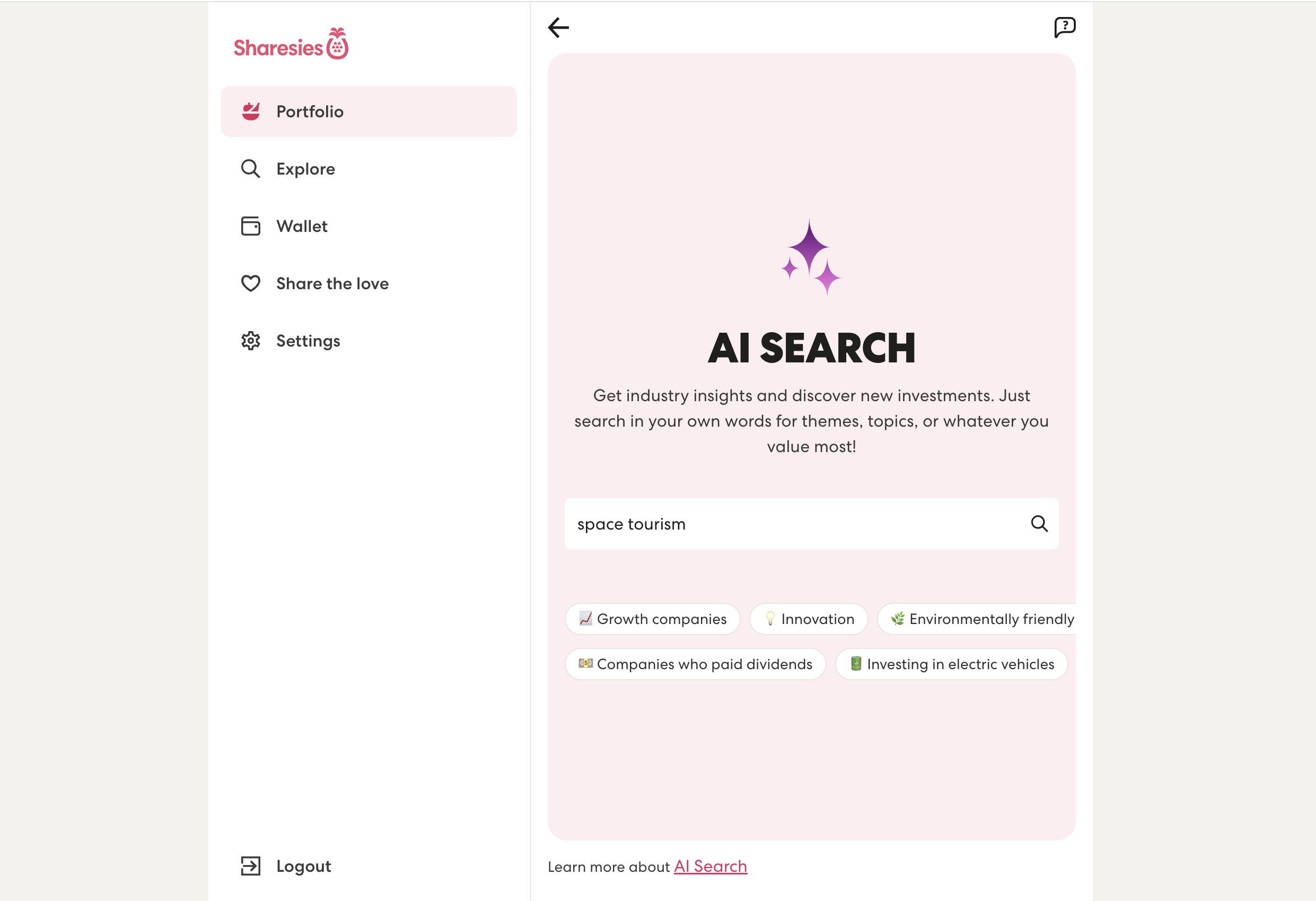 AI Search running a "space tourism" search on the Sharesies platform.